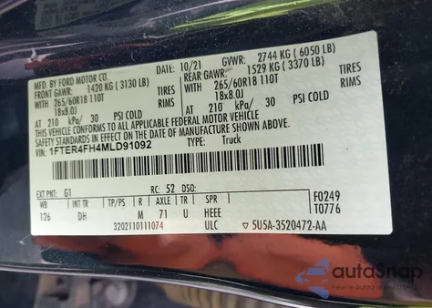 2021 Ford Ranger Lariat из США, поврежденный, VIN 1FTER4FH4MLD91092